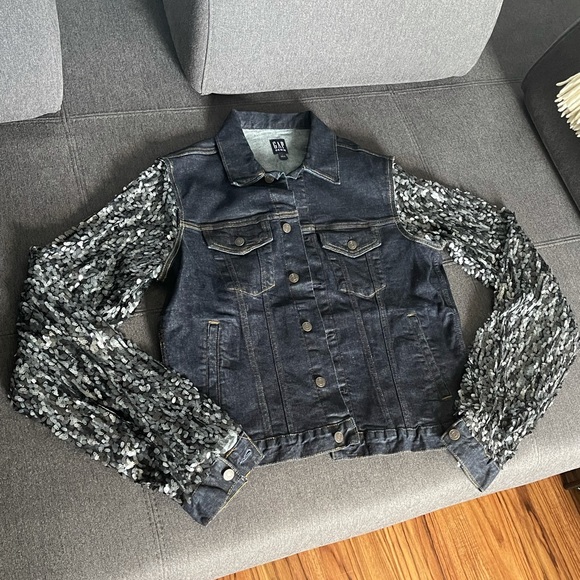 Reporposed Denim Jacket with Sequin Billowy sleeve - Picture 3 of 9